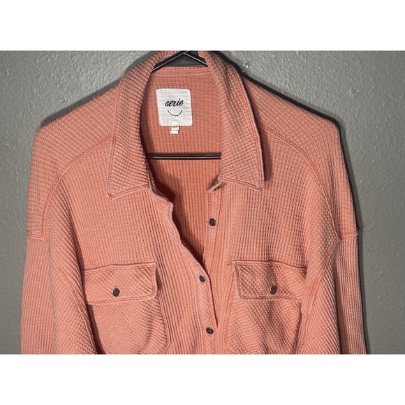 Aerie Waffle Knit Oversized Button Down Pockets Size LG Coral Pink Hue Warm Up - Picture 3 of 8